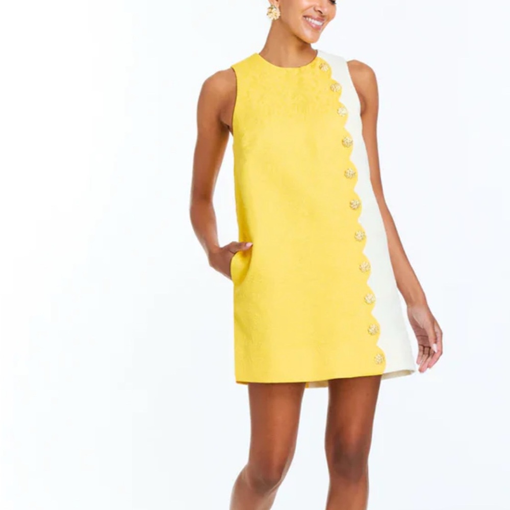 Mestiza New York Yellow and White Sleeveless Mini Dress with Decorative Buttons